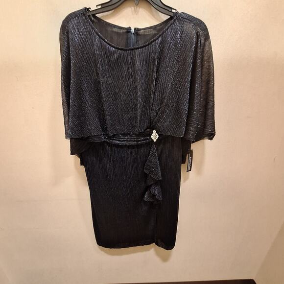 NWT Women’s Petite 6 Metallic Navy Cape Sleeve Cocktail Dress – Knee Length - Picture 2 of 4